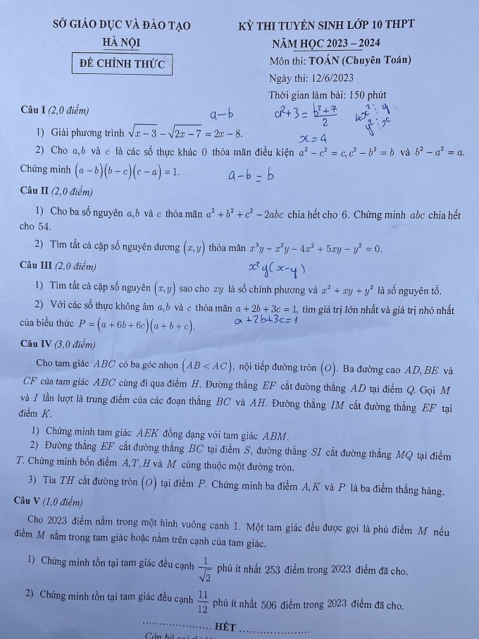 Đề thi chuyên Toán vào lớp 10 Hà Nội 2023