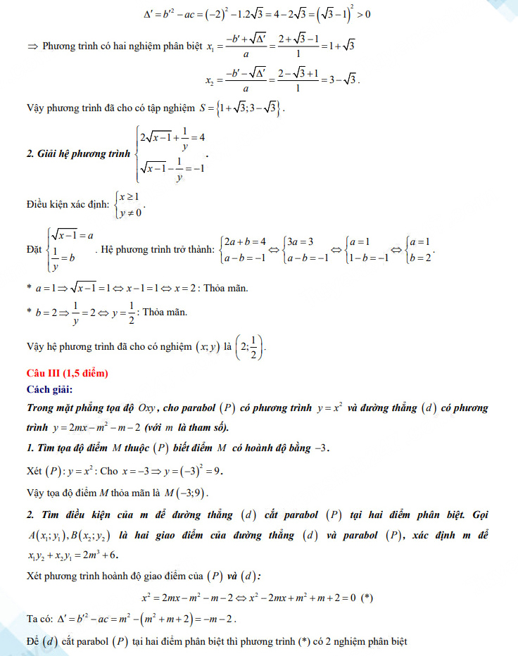 Đáp án đề thi vào 10 Hà Nam công lập môn Toán 2023