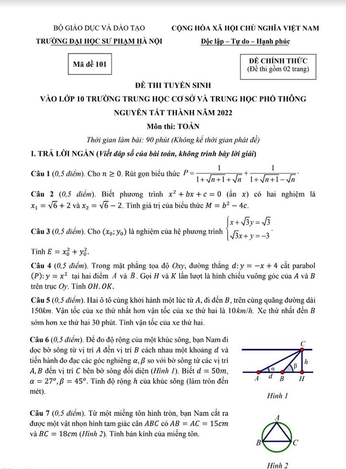 Đề thi vào 10 môn Toán THPT Nguyễn Tất Thành 2022 có đáp án