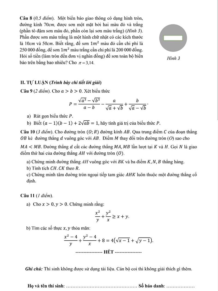 Đề thi vào 10 môn Toán THPT Nguyễn Tất Thành 2022 có đáp án