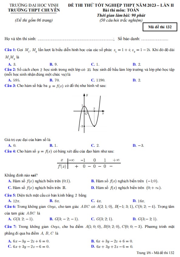Đề thi thử tốt nghiệp THPT môn Toán chuyên Vinh lần 2 - 2023 mã đề 132