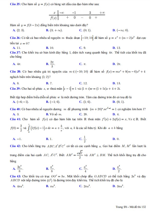 Đề thi thử tốt nghiệp THPT môn Toán chuyên Vinh lần 2 - 2023 mã đề 132