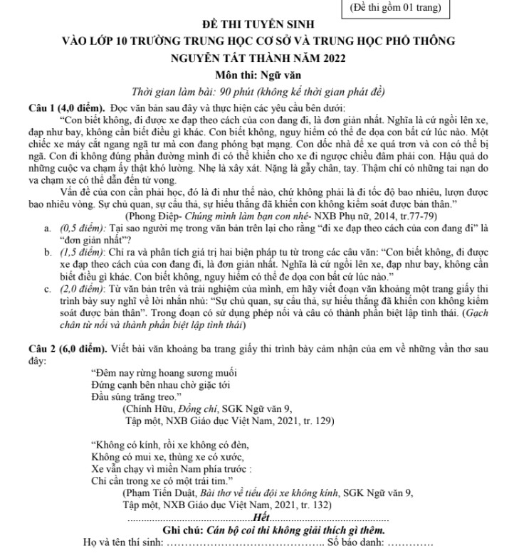 Đề Ngữ văn vào 10 THPT Nguyễn Tất Thành 2022