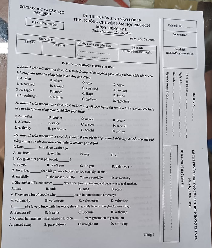 Đề thi tuyển sinh vào lớp 10 2023 Nam Định môn Anh