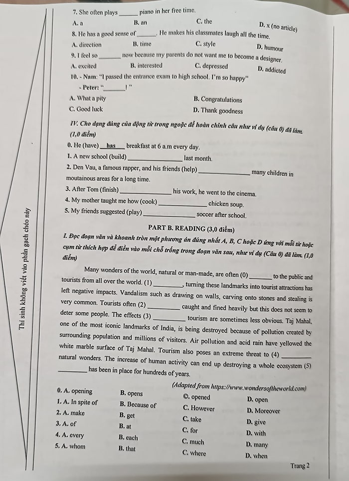 Đề thi tuyển sinh vào lớp 10 2023 Nam Định môn Anh