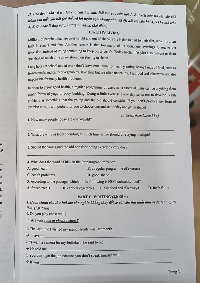 Đề thi tuyển sinh vào lớp 10 2023 Nam Định môn Anh
