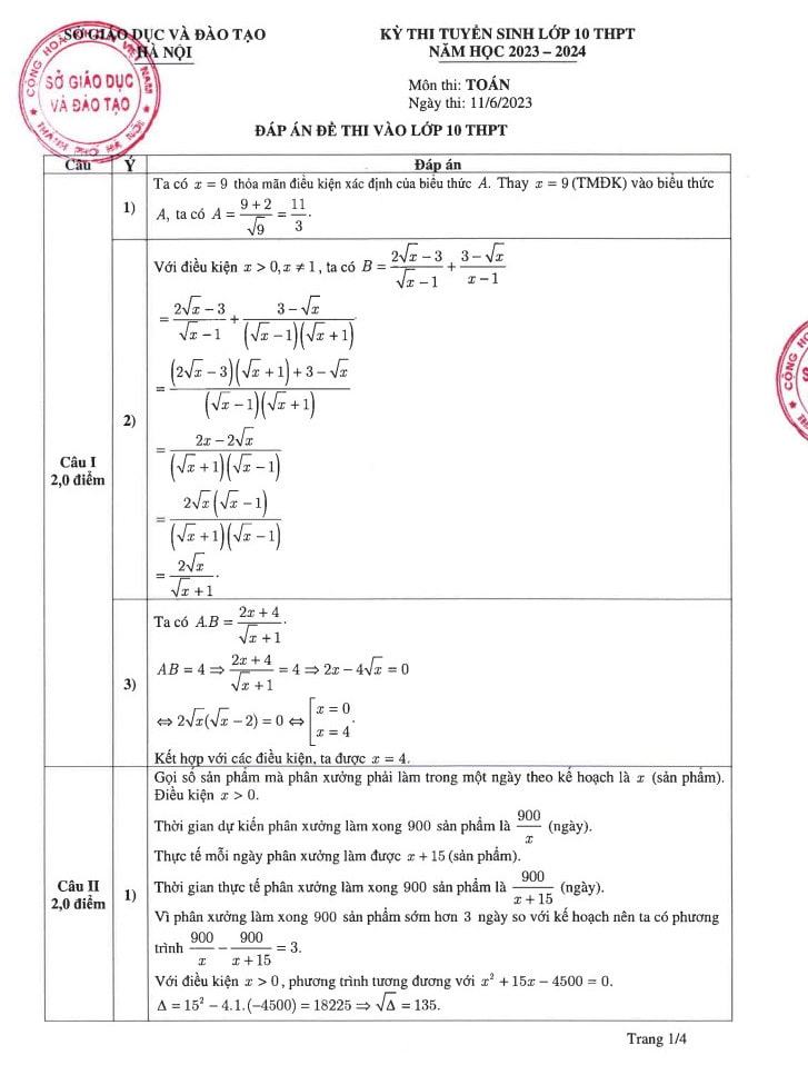 Đáp án chính thức đề Toán thi vào 10 Hà Nội 2023