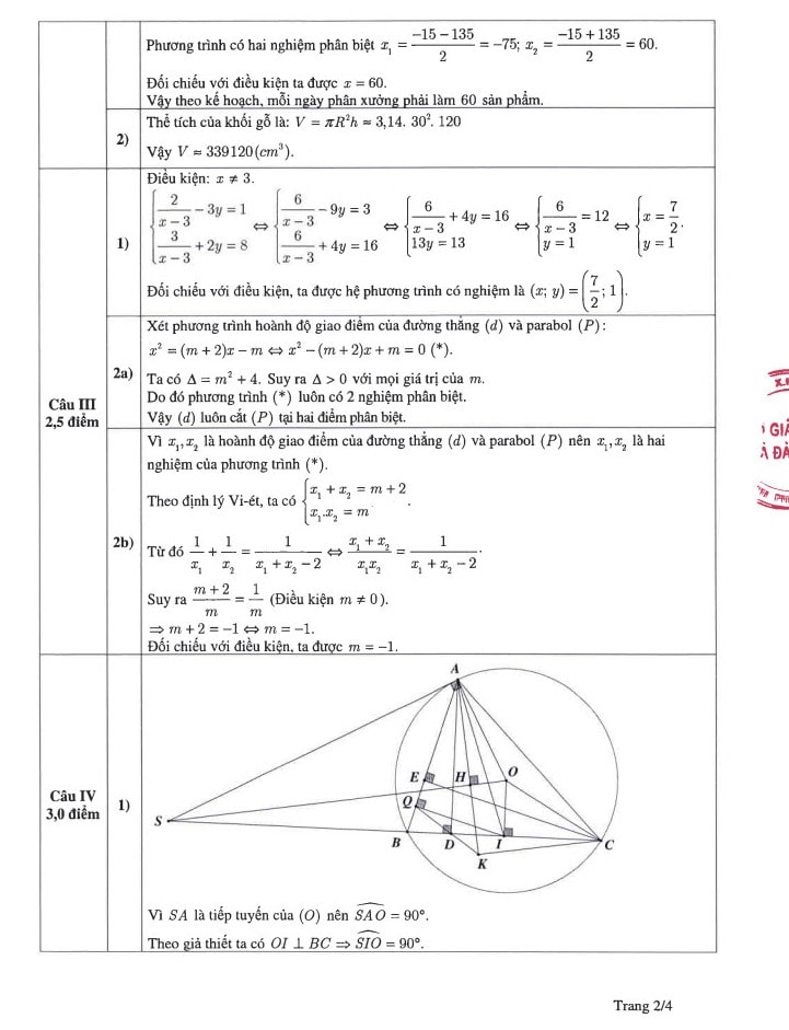 Đáp án chính thức đề Toán thi vào 10 Hà Nội 2023