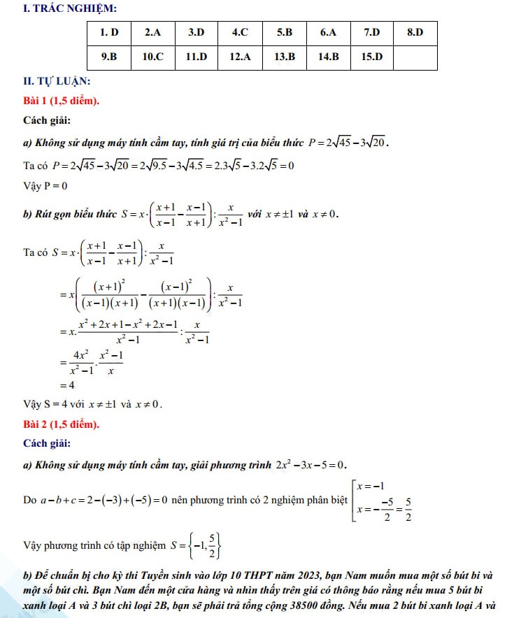 Đáp án đề thi vào 10 môn Toán Kiên Giang 2023