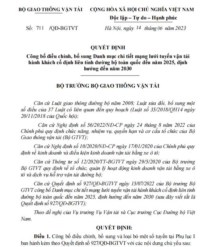Nội dung Quyết định 711/QĐ-BGTVT 