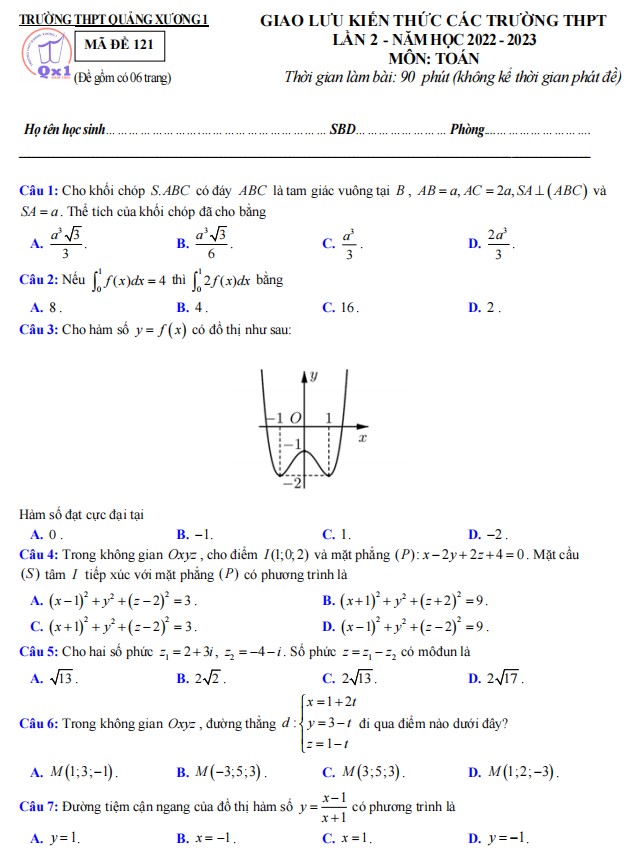 Đề thi thử Toán Quảng Xương 1 lần 2 2023 có đáp án