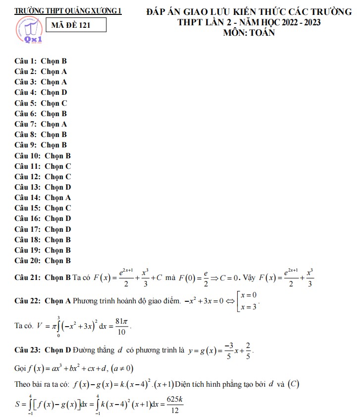 Đề thi thử Toán Quảng Xương 1 lần 2 2023 có đáp án