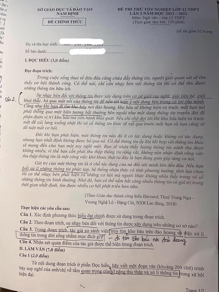 Đề thi thử văn sở Nam Định 2023 lần 2