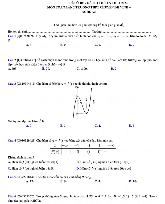 Đề thi thử tốt nghiệp THPT môn Toán chuyên Vinh lần 2