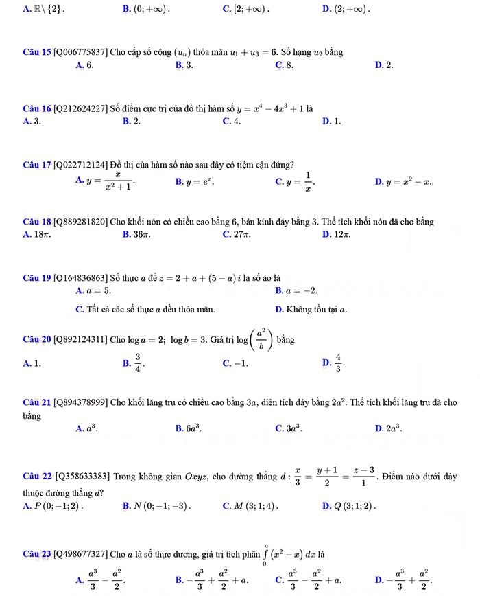 Đề thi thử tốt nghiệp THPT môn Toán chuyên Vinh lần 2