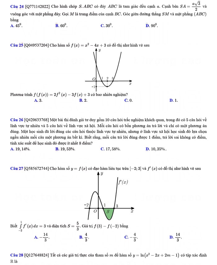 Đề thi thử tốt nghiệp THPT môn Toán chuyên Vinh lần 2