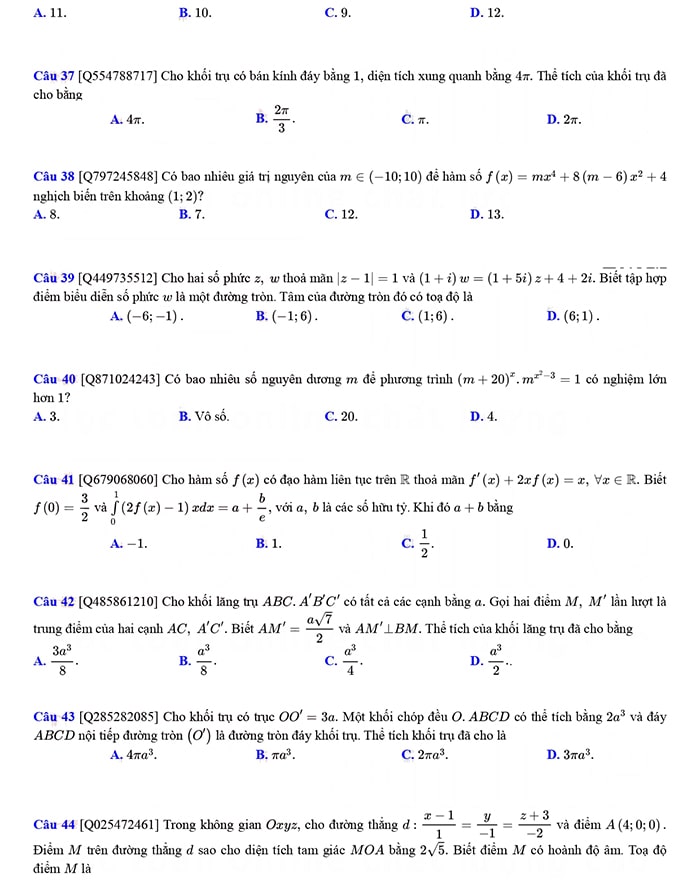 Đề thi thử tốt nghiệp THPT môn Toán chuyên Vinh lần 2