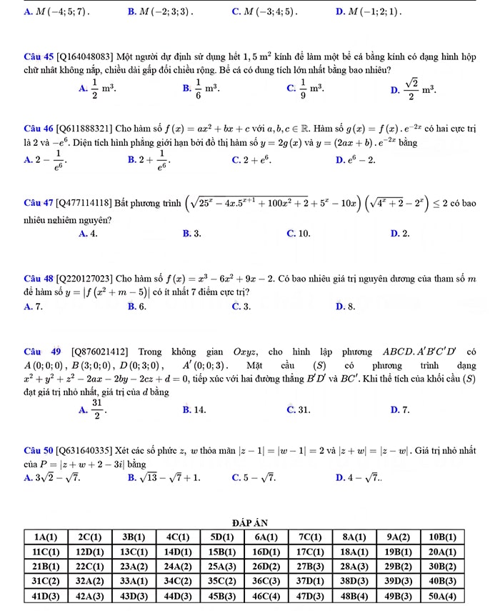 Đề thi thử tốt nghiệp THPT môn Toán chuyên Vinh lần 2