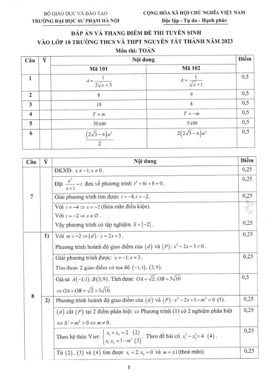 Đáp án đề thi vào 10 Nguyễn Tất Thành 2023 môn Toán