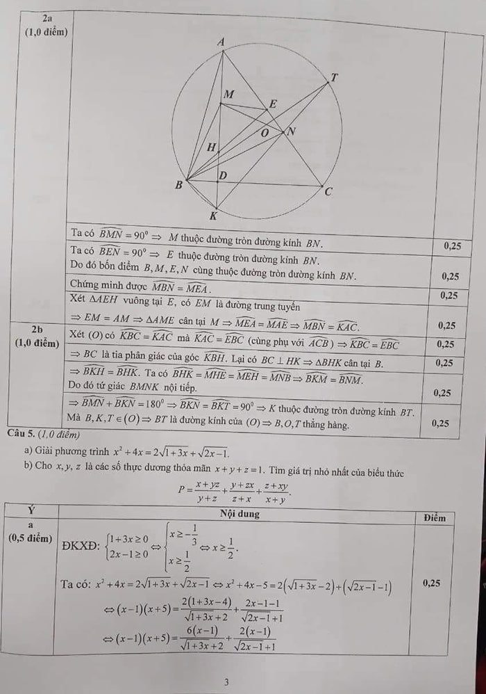 Đáp án đề thi vào lớp 10 môn Toán Nam Định 2023