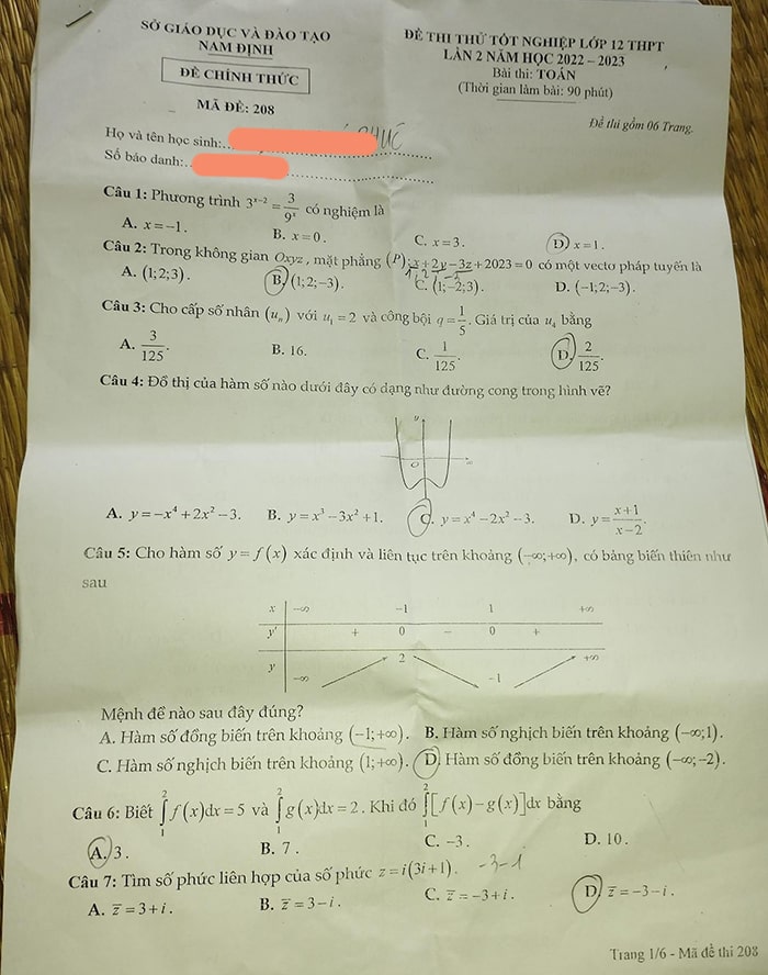 Đề thi thử THPT môn Toán Nam Định 2023 - lần 2