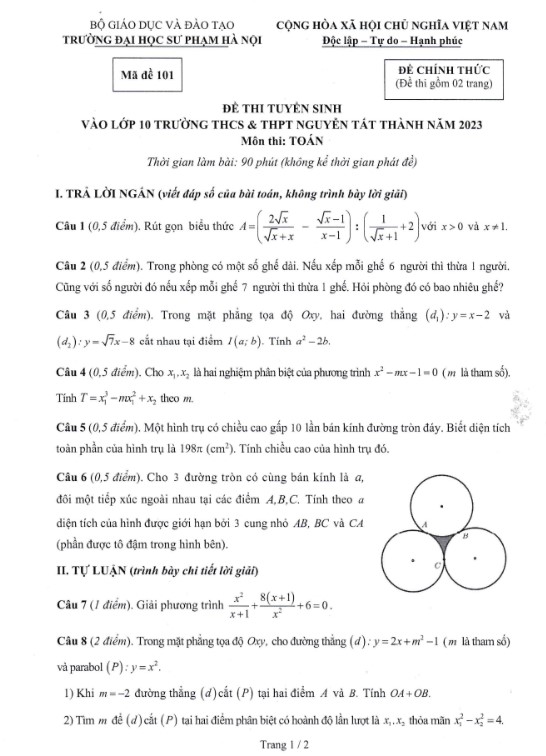 Đề thi vào 10 môn Toán THPT Nguyễn Tất Thành 2023 - mã đề 101