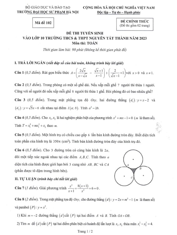 Đề thi vào 10 môn Toán THPT Nguyễn Tất Thành 2023 - mã đề 102