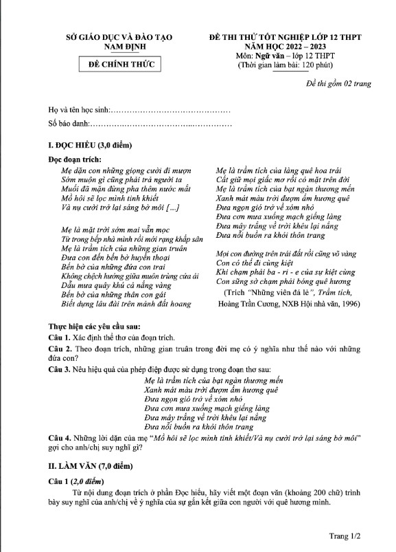 Đề thi thử THPT môn Văn tỉnh Nam Định 2023 lần 1