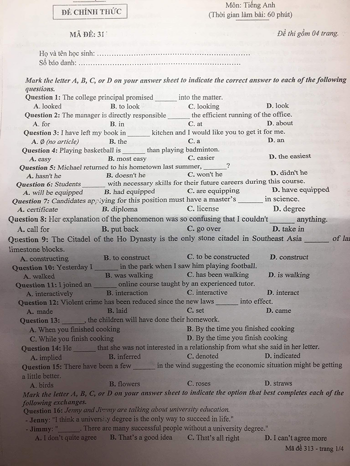 Đề thi thử Anh sở Nam Định 2023 lần 2