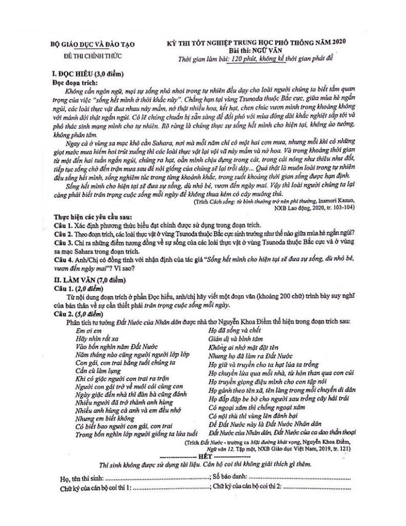 Đề thi THPT quốc gia môn Văn 2020 đợt 1