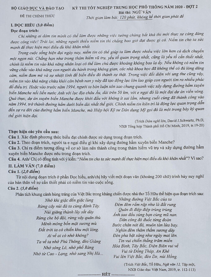 Đề thi THPT quốc gia môn Văn 2020 đợt 2