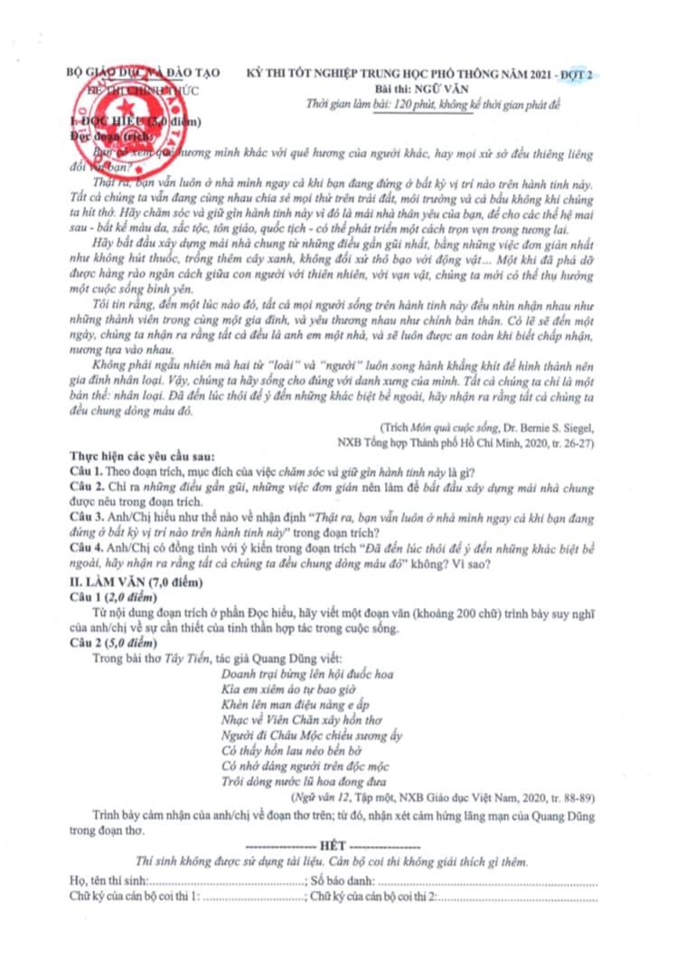 Đề thi tốt nghiệp THPT 2021 môn Ngữ văn - đợt 2
