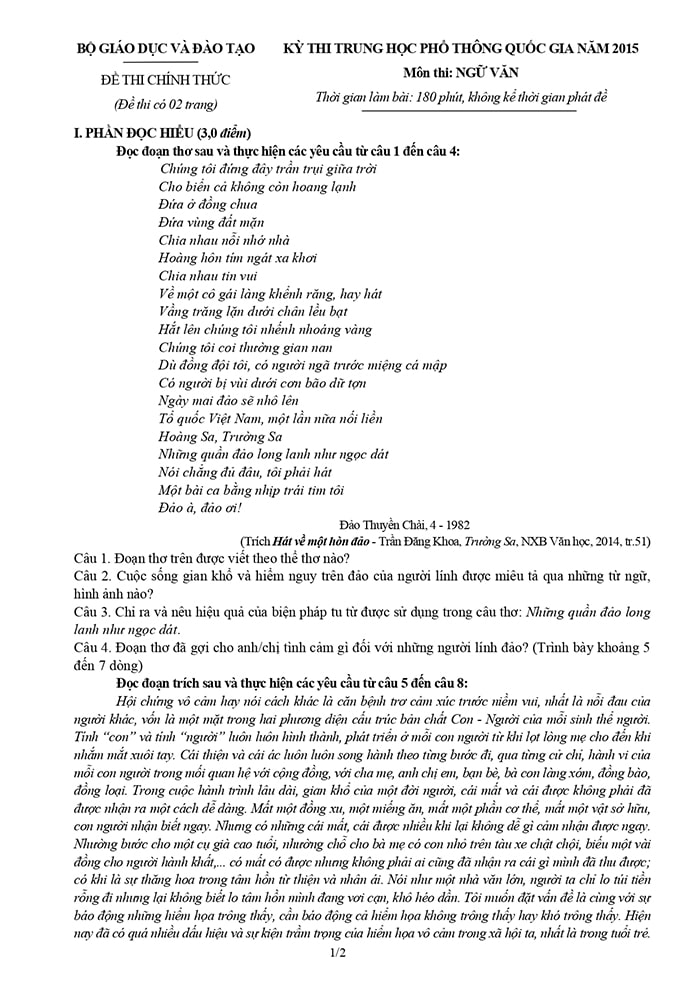 Đề thi THPT môn Ngữ văn 2015