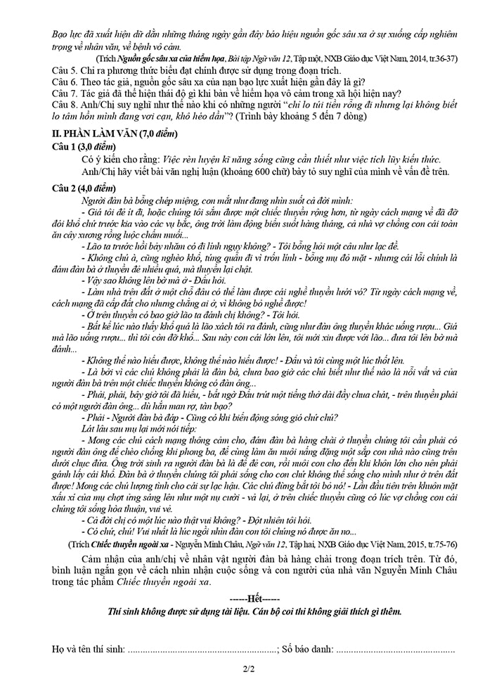 Đề thi THPT môn Ngữ văn 2015