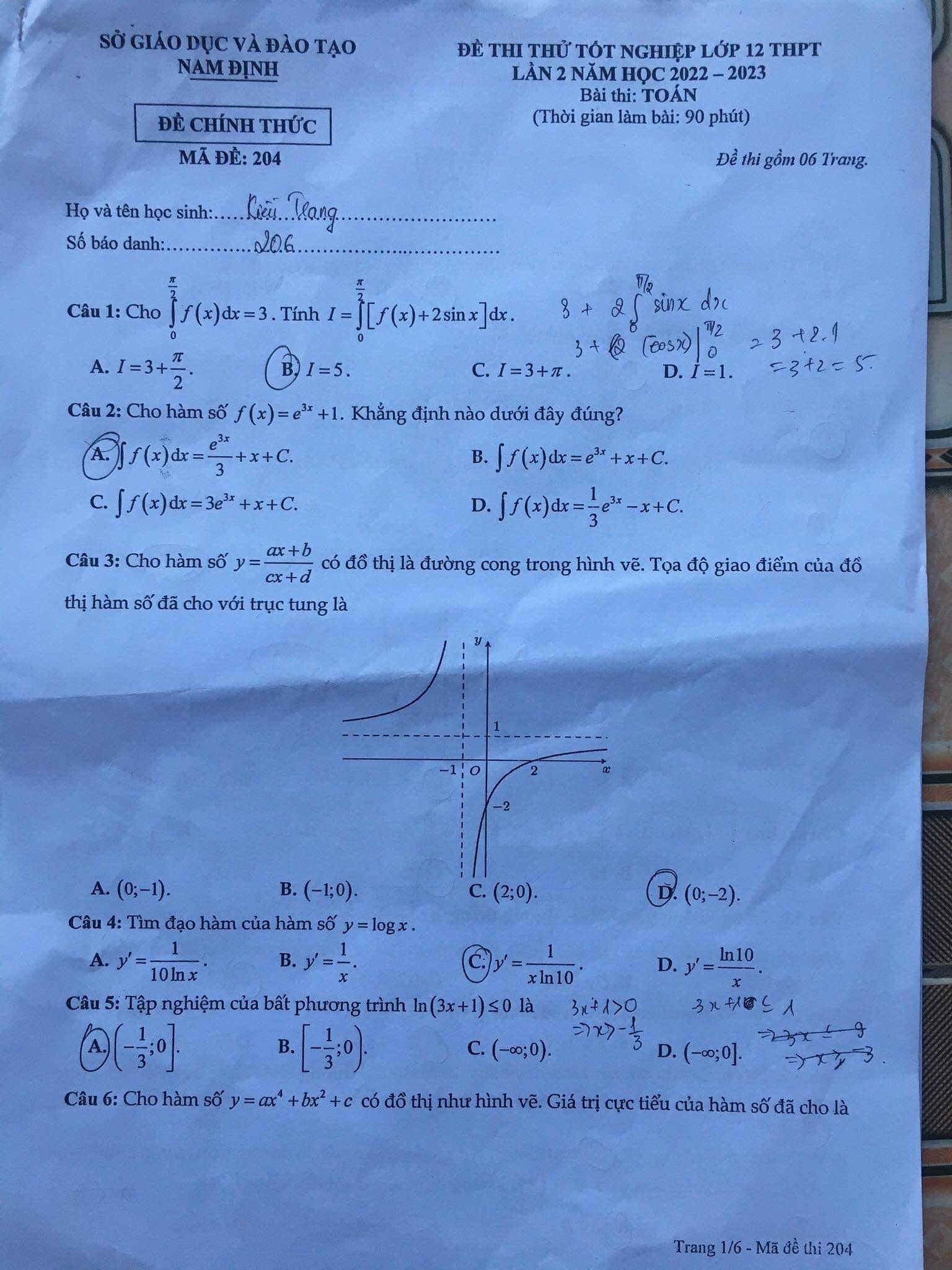  Đề thi thử THPT môn Toán Nam Định 2023 lần 2 - mã đề 204
