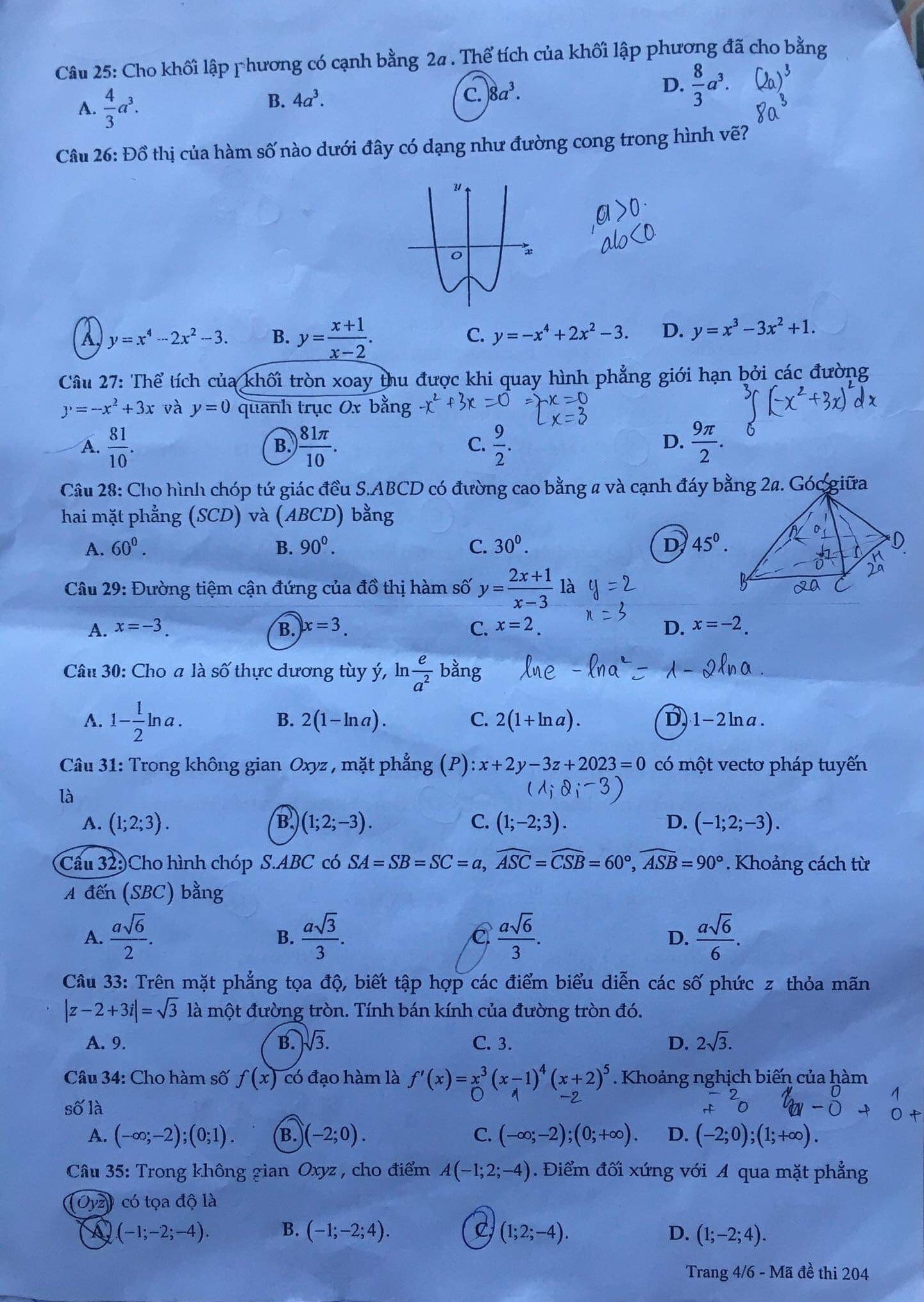  Đề thi thử THPT môn Toán Nam Định 2023 lần 2 - mã đề 204