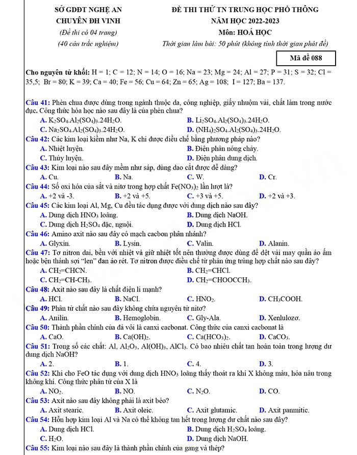  Đáp án chi tiết đề thi thử môn Hóa chuyên Vinh 