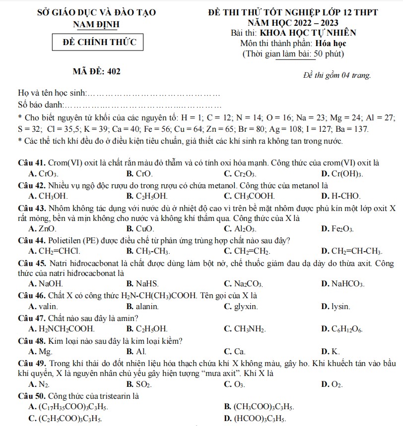 Đề thi thử hoá Nam Định 2023 lần 1 mã 402