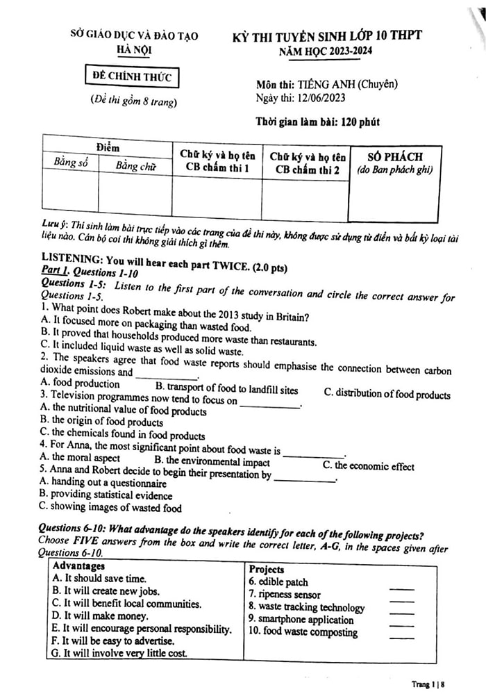 Đề thi vào 10 môn Anh chuyên Hà Nội 2023