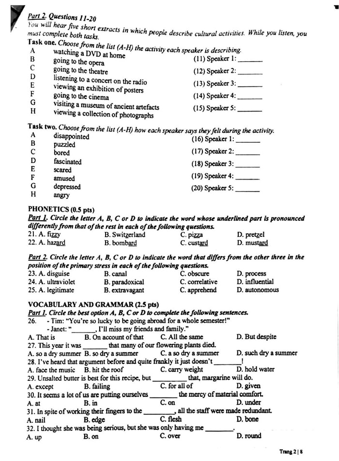 Đề thi vào 10 môn Anh chuyên Hà Nội 2023