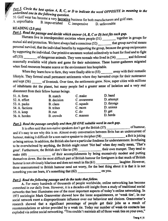 Đề thi vào 10 môn Anh chuyên Hà Nội 2023
