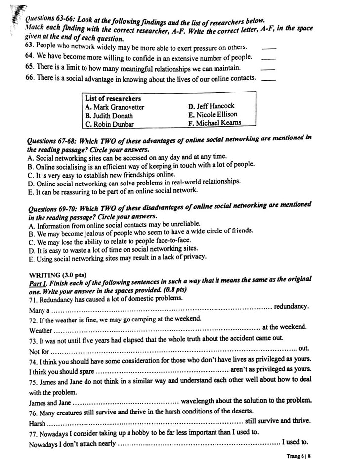 Đề thi vào 10 môn Anh chuyên Hà Nội 2023