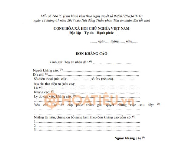 Mẫu đơn kháng cáo hành chính sơ thẩm là mẫu số 24-HC