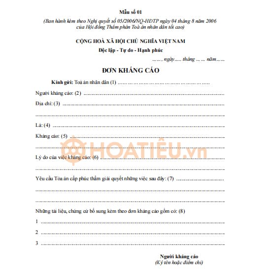 Mẫu đơn kháng cáo của Tòa án nhân dân