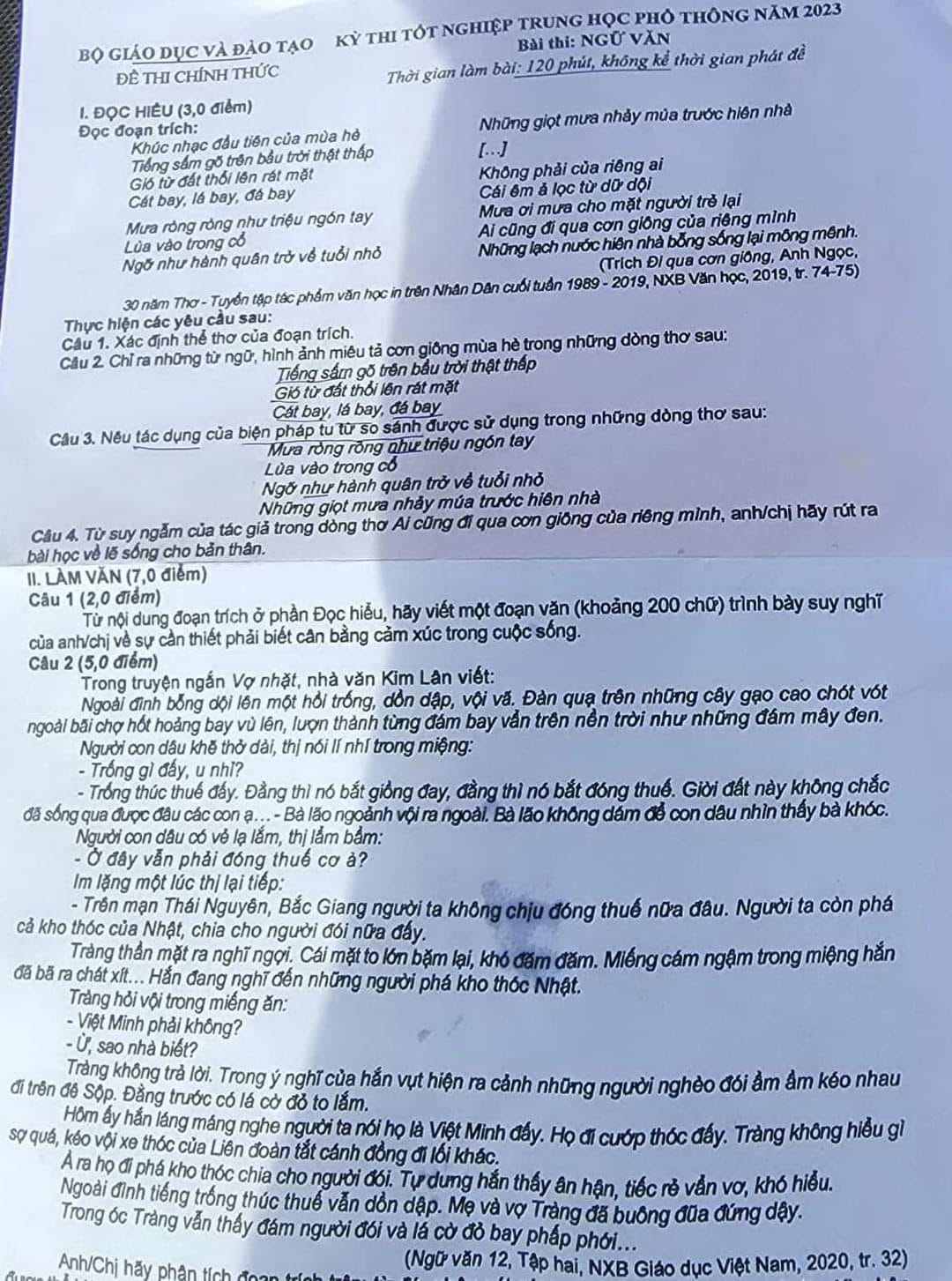 Đề thi Ngữ văn THPT quốc gia 2023