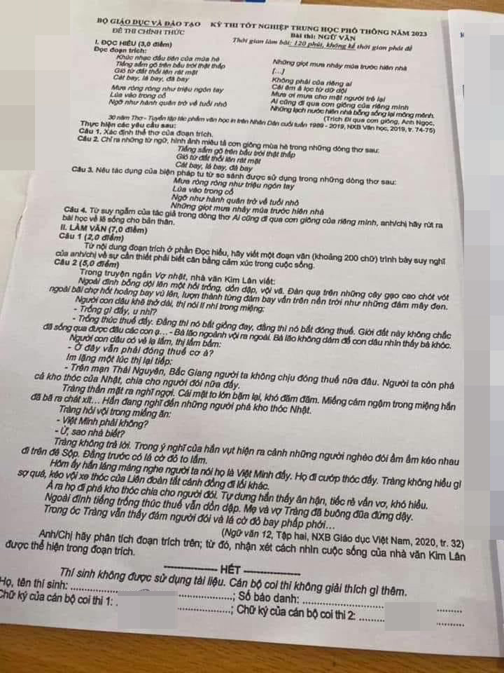 Đáp án đề thi Văn THPT quốc gia 2023