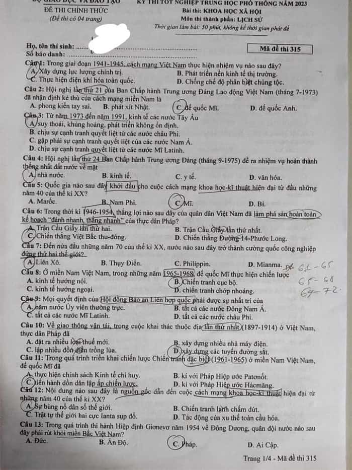 Đề thi tốt nghiệp môn Lịch sử 2023