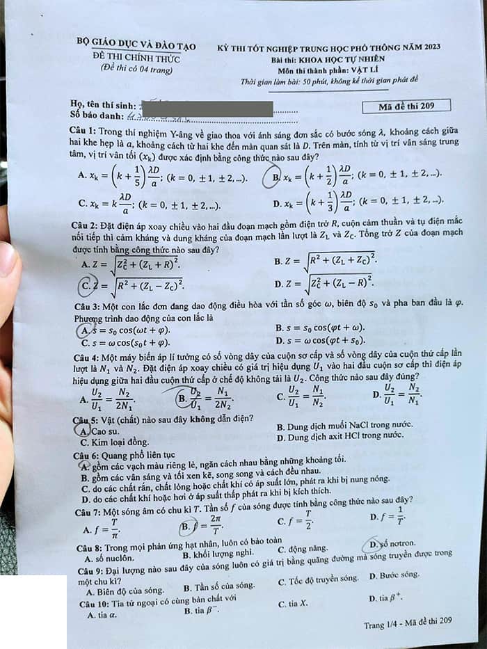 đề thi Vật lý THPT quốc gia 2023