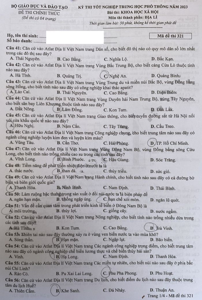Đề thi THPT quốc gia 2023 môn Địa đề 321