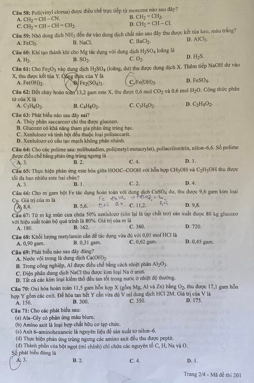 Đề Hóa THPT quốc gia 2023 đề 201